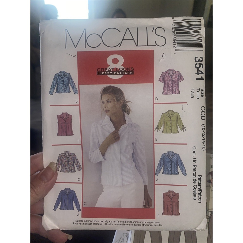 McCalls 3541 Misses Shirts Sleeveless Long & Short Sleeve Size 10-12-14-16 UNCUT